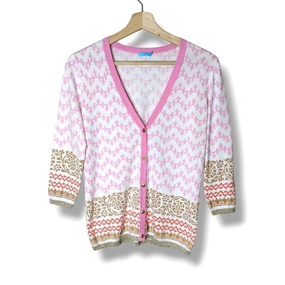 J. McLaughlin Pink Trim Print Cardigan Women’s Small Lightweight Preppy - Picture 1 of 8